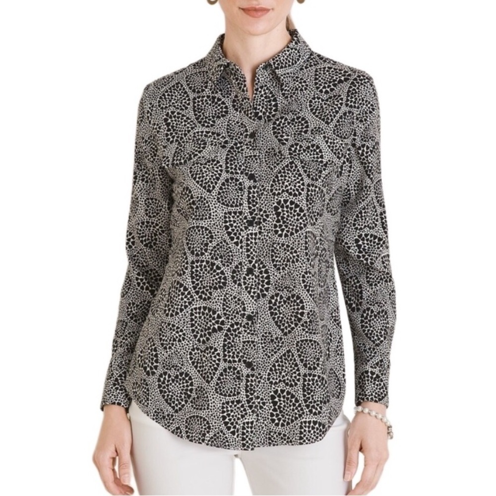 Chicos Button Blouse Shirt Heart Print black white Size 8 10